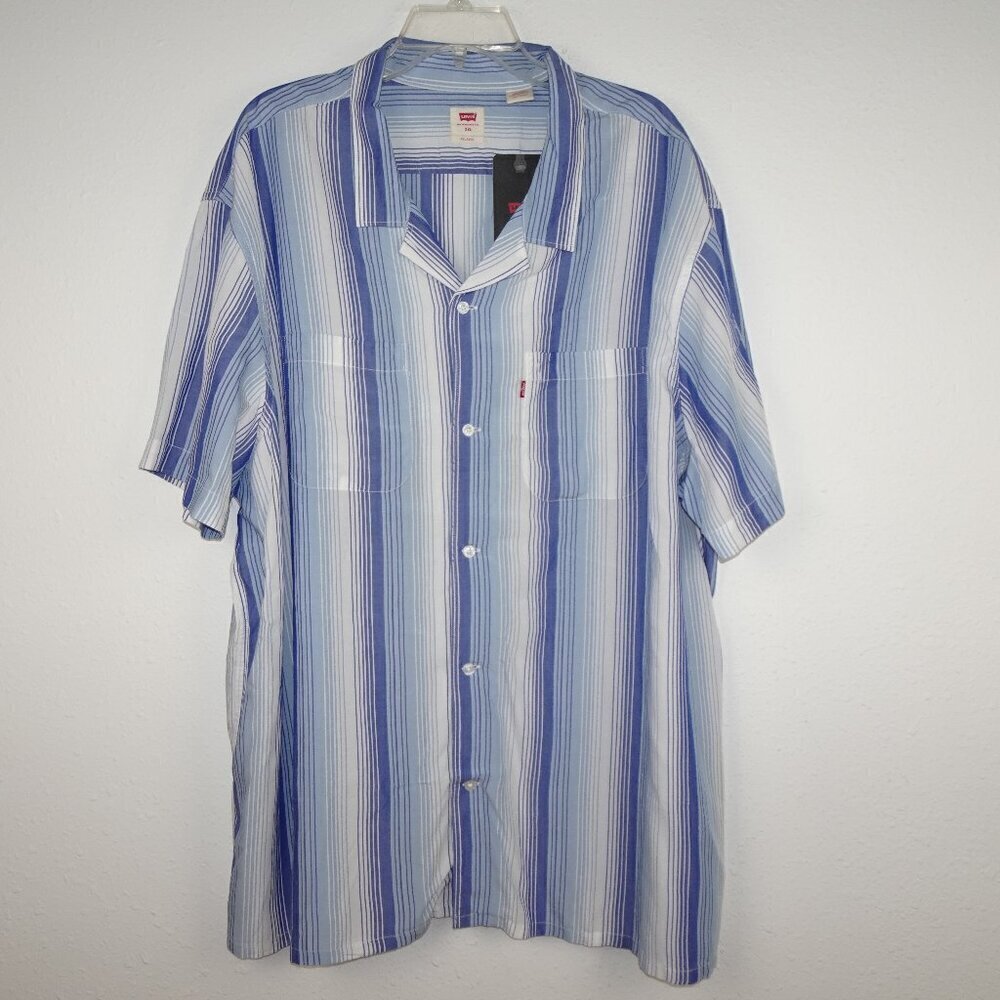 Levi's Button Front Shirt Men's 2XL Blue Stripe Camp Shirt Lightweight Casual